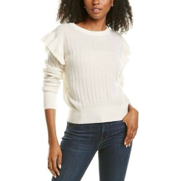 White + Warren Cashmere Sweater size XS Flutter Sleeve Off White Cream Ribbed - Picture 1 of 9